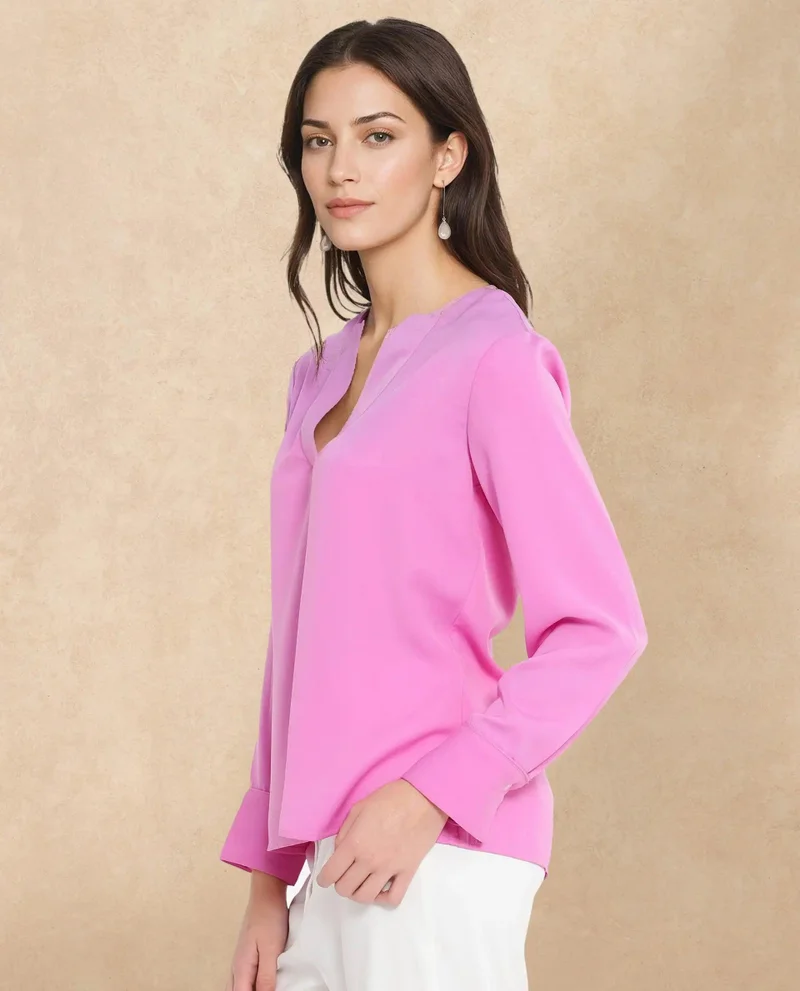 Rareism Women's Solid V-Neck Top With Cuffed Sleeves