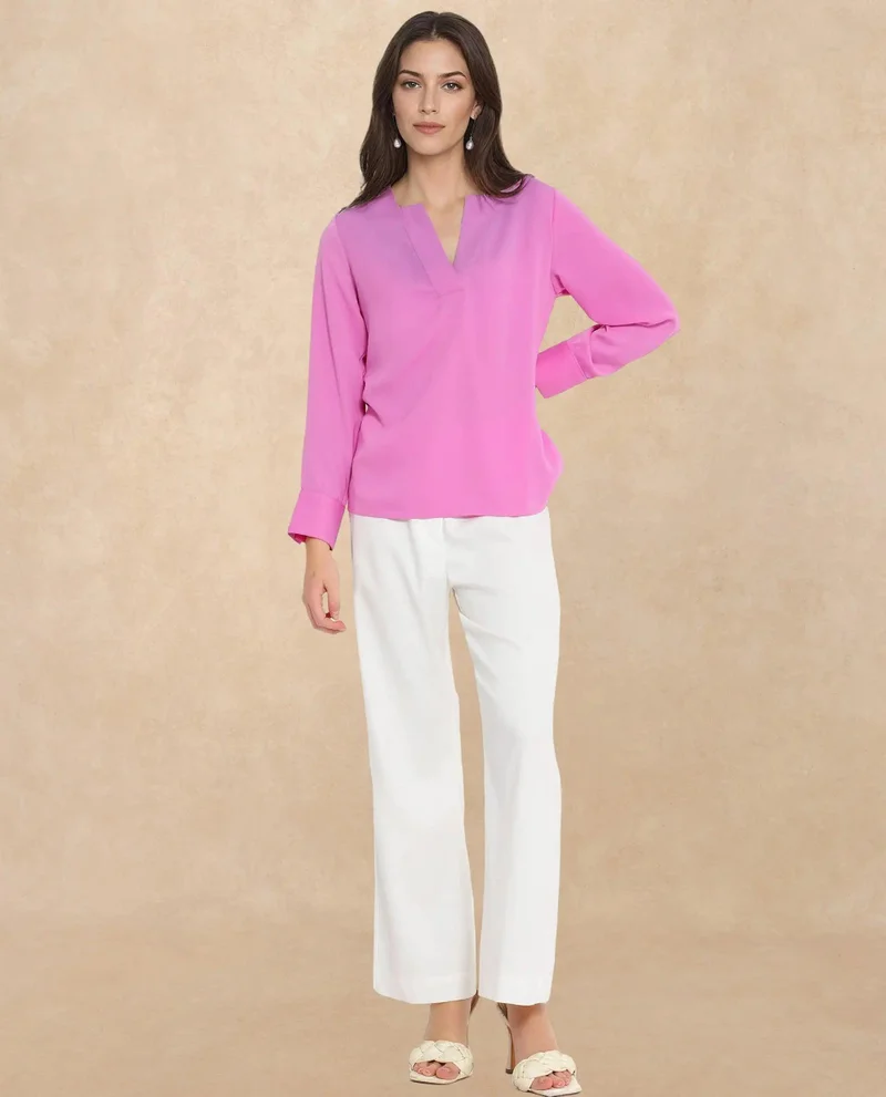 Rareism Women's Solid V-Neck Top With Cuffed Sleeves