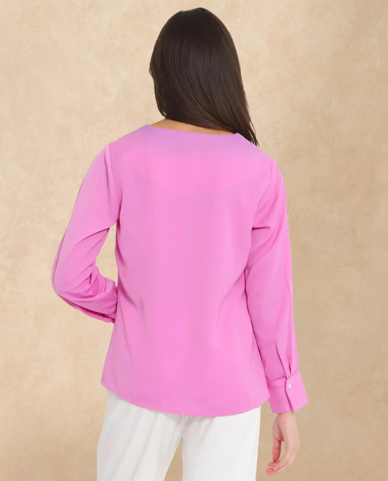 Rareism Women's Solid V-Neck Top With Cuffed Sleeves