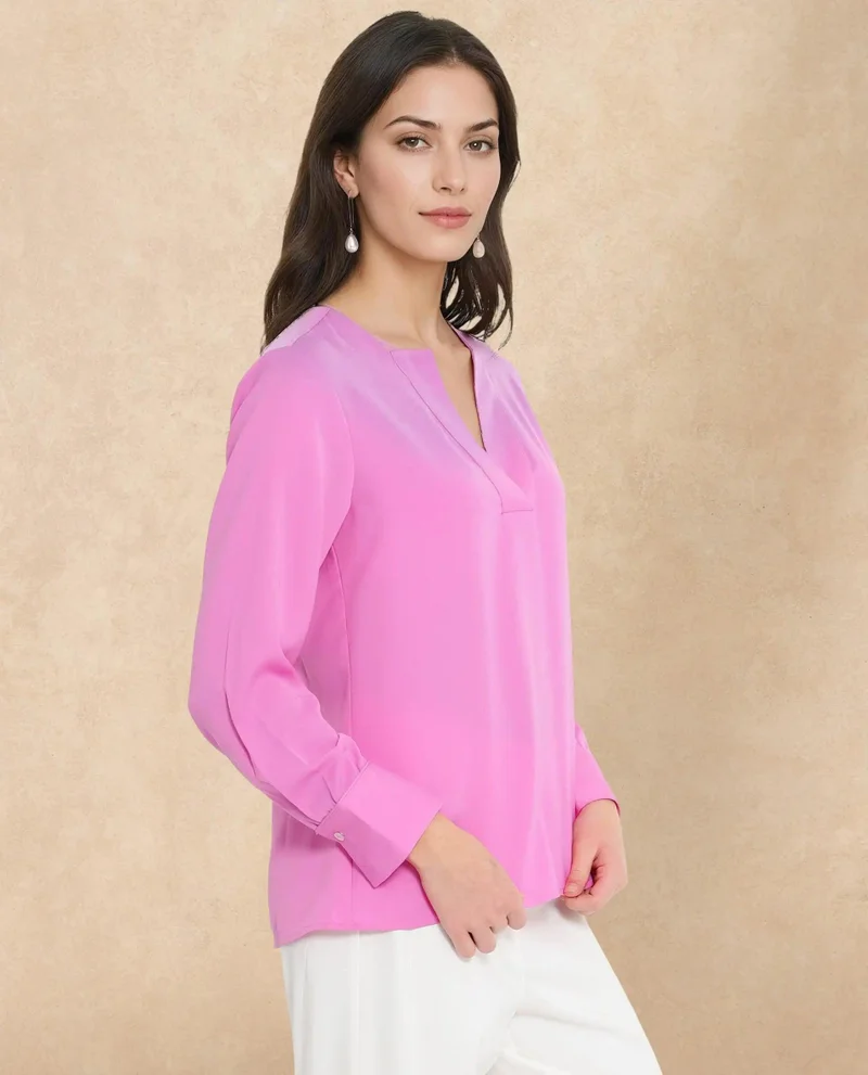 Rareism Women's Solid V-Neck Top With Cuffed Sleeves