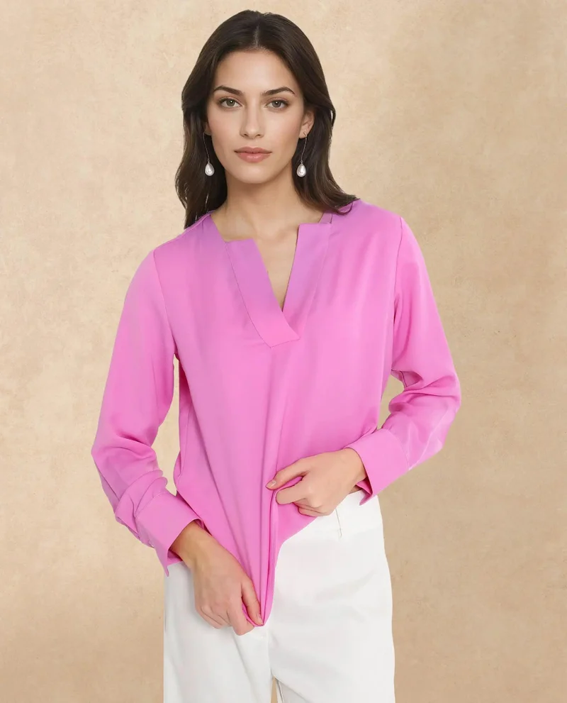 Rareism Women's Solid V-Neck Top With Cuffed Sleeves