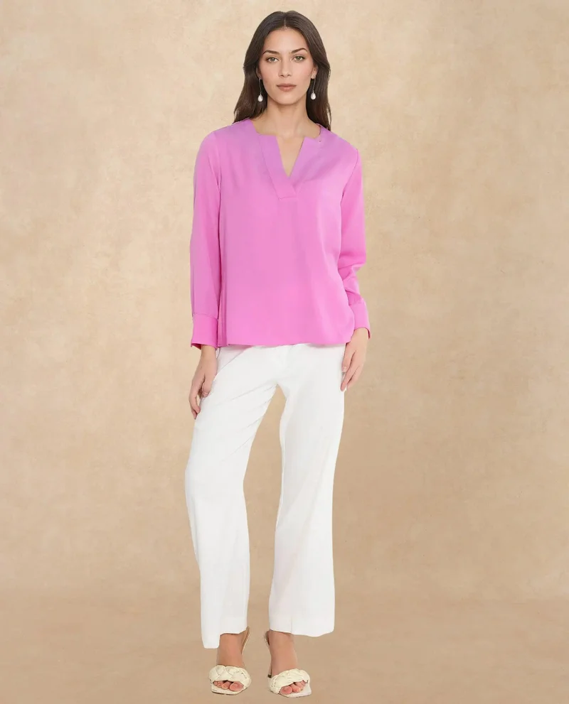 Rareism Women's Solid V-Neck Top With Cuffed Sleeves