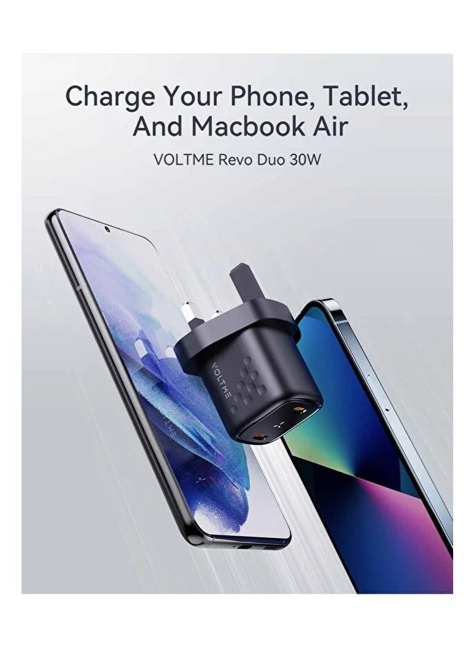 VOLTME 30W GaN III Dual USB-C Fast Charger, PD 3.0 PPS Compact Wall Adapter, 2-Port Super Fast Charging for iPhone 17 Pro/17 Pro Max/16/15/14/13/12/11, Samsung S25/S24/S23 Ultra, MacBook Air, iPad, AirPods, Pixel & USB-C Devices – Black - Image 2