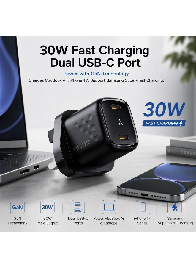 VOLTME 30W GaN III Dual USB-C Fast Charger, PD 3.0 PPS Compact Wall Adapter, 2-Port Super Fast Charging for iPhone 17 Pro/17 Pro Max/16/15/14/13/12/11, Samsung S25/S24/S23 Ultra, MacBook Air, iPad, AirPods, Pixel & USB-C Devices – Black - Image 1