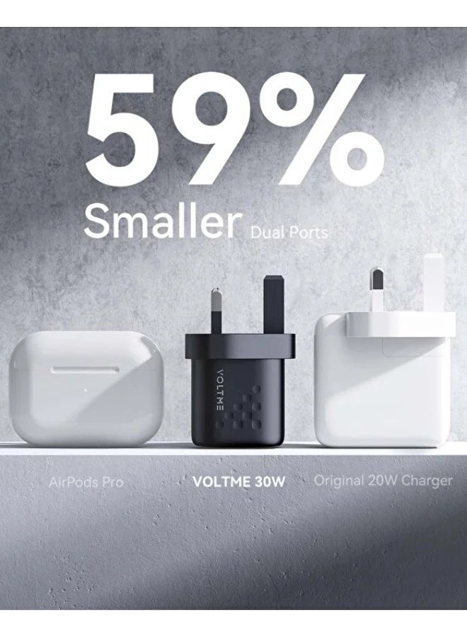 VOLTME 30W GaN III Dual USB-C Fast Charger, PD 3.0 PPS Compact Wall Adapter, 2-Port Super Fast Charging for iPhone 17 Pro/17 Pro Max/16/15/14/13/12/11, Samsung S25/S24/S23 Ultra, MacBook Air, iPad, AirPods, Pixel & USB-C Devices – Black - Image 5