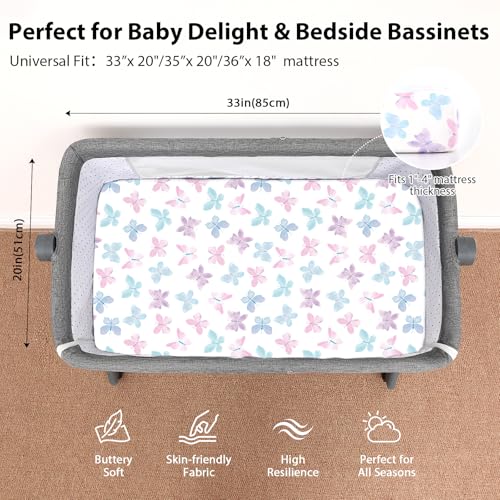 FIEMOL Baby Bedside Bassinet Sheets Girl, 33”x20” Compatible with Baby Delight Dream On Me & Most Rectangle Bedside Sleeper Bassinet Mattress, Super Soft Microfiber Pink Butterfly Flower - Image 3