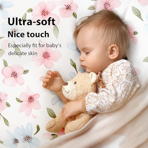 FIEMOL Baby Bedside Bassinet Sheets Girl, 33”x20” Compatible with Baby Delight Dream On Me & Most Rectangle Bedside Sleeper Bassinet Mattress, Super Soft Microfiber Pink Butterfly Flower - Image 2