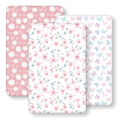 FIEMOL Baby Bedside Bassinet Sheets Girl, 33”x20” Compatible with Baby Delight Dream On Me & Most Rectangle Bedside Sleeper Bassinet Mattress, Super Soft Microfiber Pink Butterfly Flower - Image 1