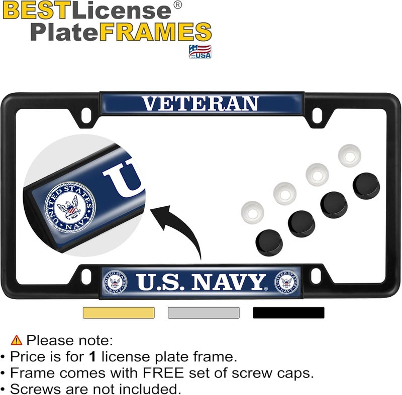 BestLicensePlateFrames [Officially Licensed Product] - United States Navy Veteran - Domed Custom-Made Personalized Narrow (Thin) Top 4 Hole Metal Car License Plate Frame with Free caps - Black (Qty: 1 Frame) - Image 2