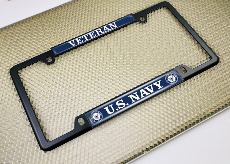 BestLicensePlateFrames [Officially Licensed Product] - United States Navy Veteran - Domed Custom-Made Personalized Narrow (Thin) Top 4 Hole Metal Car License Plate Frame with Free caps - Black (Qty: 1 Frame) - Image 3