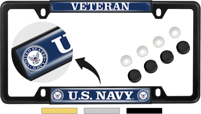BestLicensePlateFrames [Officially Licensed Product] - United States Navy Veteran - Domed Custom-Made Personalized Narrow (Thin) Top 4 Hole Metal Car License Plate Frame with Free caps - Black (Qty: 1 Frame) - Image 1