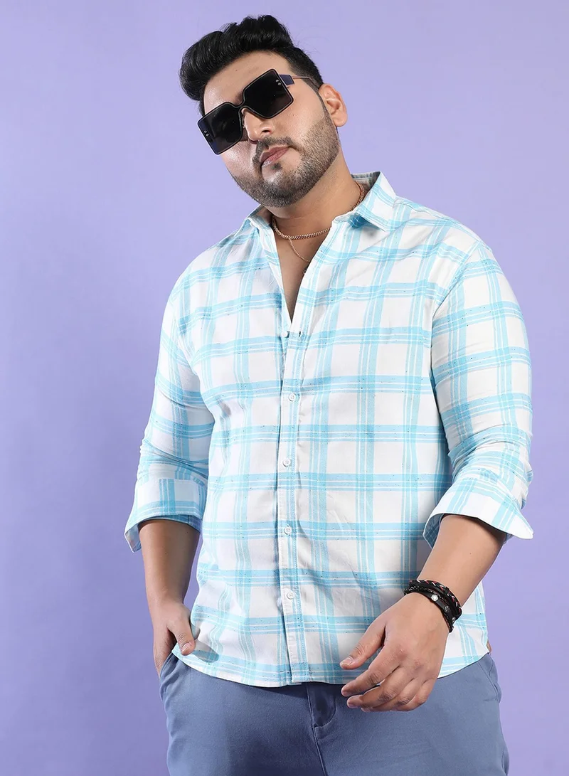 انستافاب بلس قميص رجالي كاروهات أبيض وأزرق فاتح من قطن مريح بياقة سبيد وأكمام طويلة للاستخدام اليومي