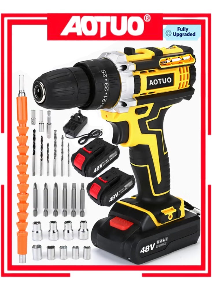 او تو او مثقاب لاسلكي AOTUO بجهد 48 فولت، بطاريتان ليثيوم أيون وشاحن سريع، طقم مثقاب 3/8 بوصة، قابض بـ 25+3 وضعية، مصباح عمل LED، مثقاب بسرعات متغيرة، عزم دوران 186 رطل، 24 ملحقًا + علبة رؤوس مثقاب من 32 قطعة - Image 1