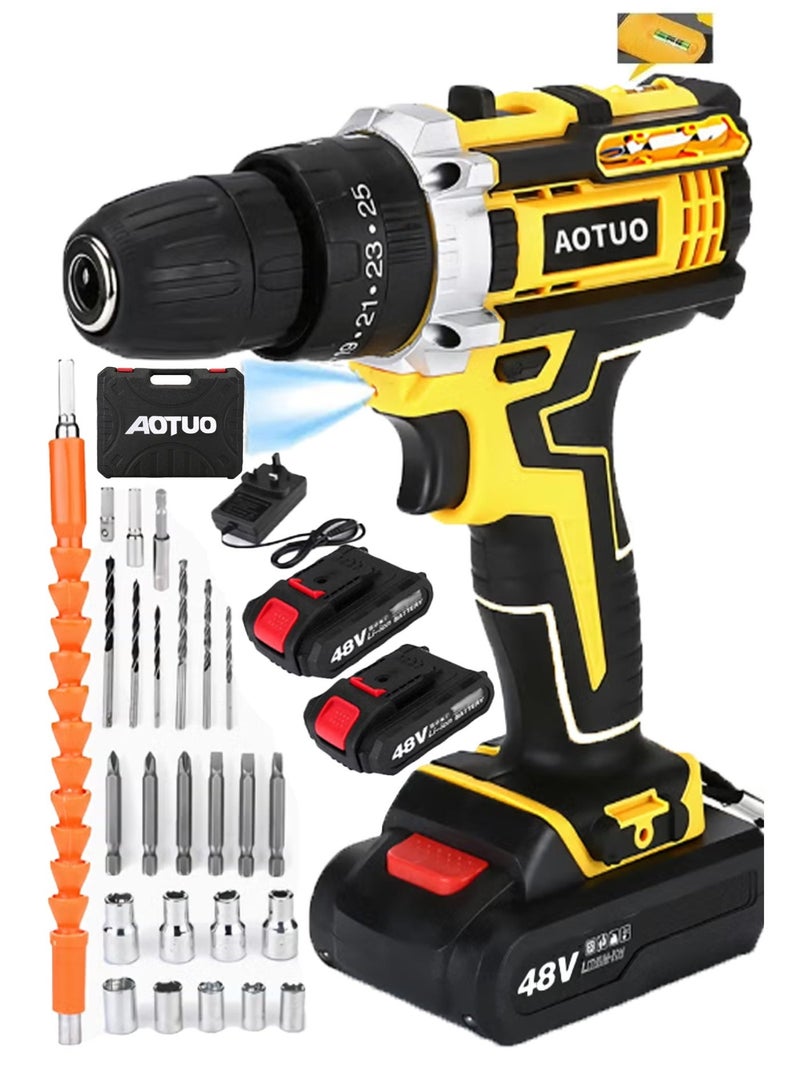 AOTUO 48V Cordless Drill, Two Li-Ion Batteries and Fast Charger, 3/8" Drill Kit, 25+3 Position Clutch, LED Work Light, Variable Speed ​​Drill, 186 lbs of Torque, 24 Accessories + 32-Piece Drill Bit Box - Image 1