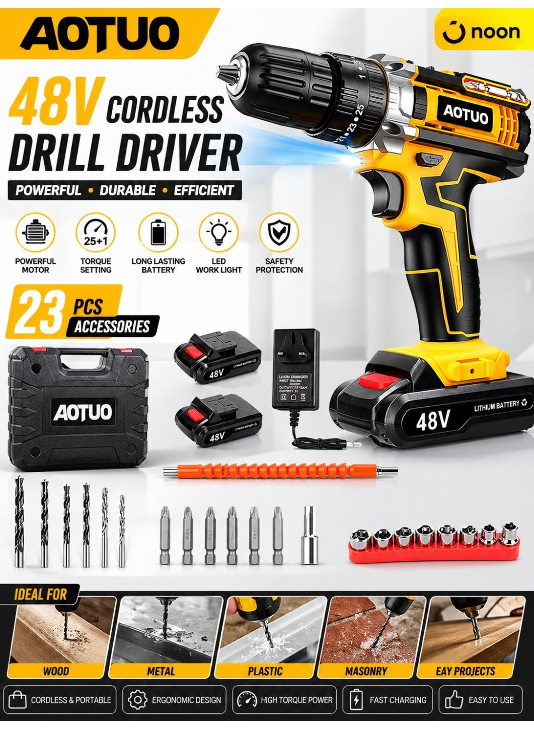 AOTUO 48V Cordless Drill, Two Li-Ion Batteries and Fast Charger, 3/8" Drill Kit, 25+3 Position Clutch, LED Work Light, Variable Speed Drill, 186 lbs of Torque, 24 Accessories + 32-Piece Drill Bit Box
