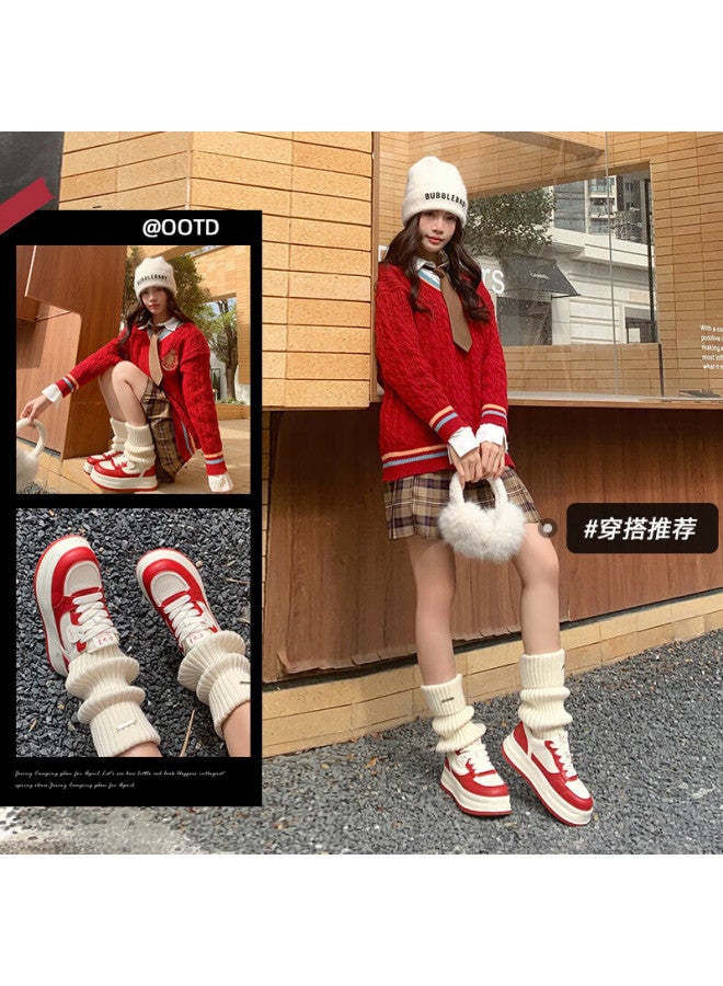Josiny Thick-soled All-match White Shoes Women's Spring Lightweight Board Shoes Small Size Lace-up Sports Shoes Beige/red Size 36 - Image 1