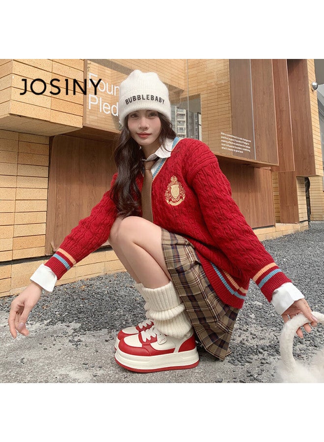 Josiny Thick-soled All-match White Shoes Women's Spring Lightweight Board Shoes Small Size Lace-up Sports Shoes Beige/red Size 36 - Image 3