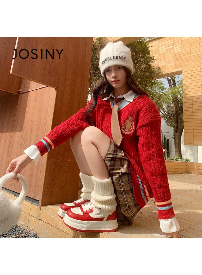 Josiny Thick-soled All-match White Shoes Women's Spring Lightweight Board Shoes Small Size Lace-up Sports Shoes Beige/red Size 36 - Image 2