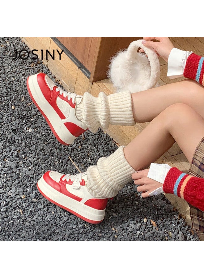 Josiny Thick-soled All-match White Shoes Women's Spring Lightweight Board Shoes Small Size Lace-up Sports Shoes Beige/red Size 36 - Image 5