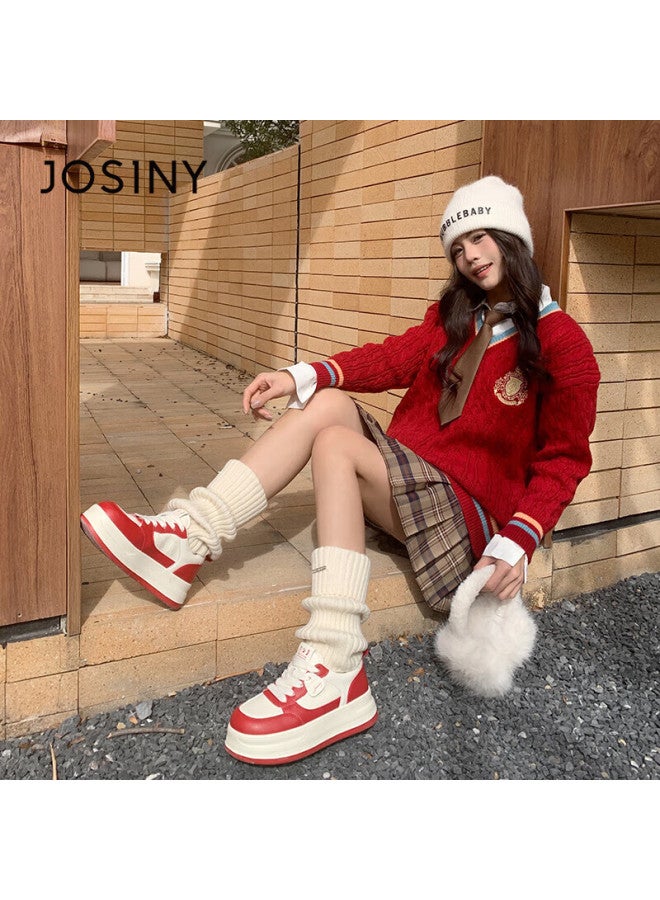 Josiny Thick-soled All-match White Shoes Women's Spring Lightweight Board Shoes Small Size Lace-up Sports Shoes Beige/red Size 36 - Image 4