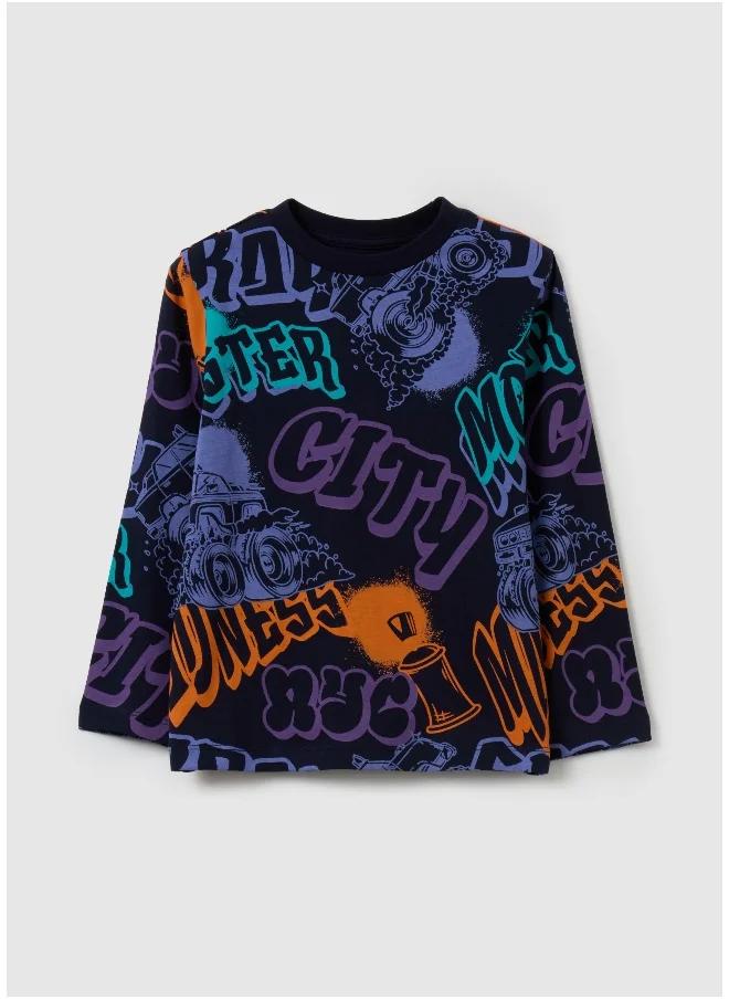 Ovs Cotton T-shirt with print and long sleeves