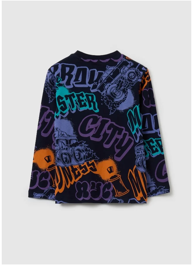 Ovs Cotton T-shirt with print and long sleeves