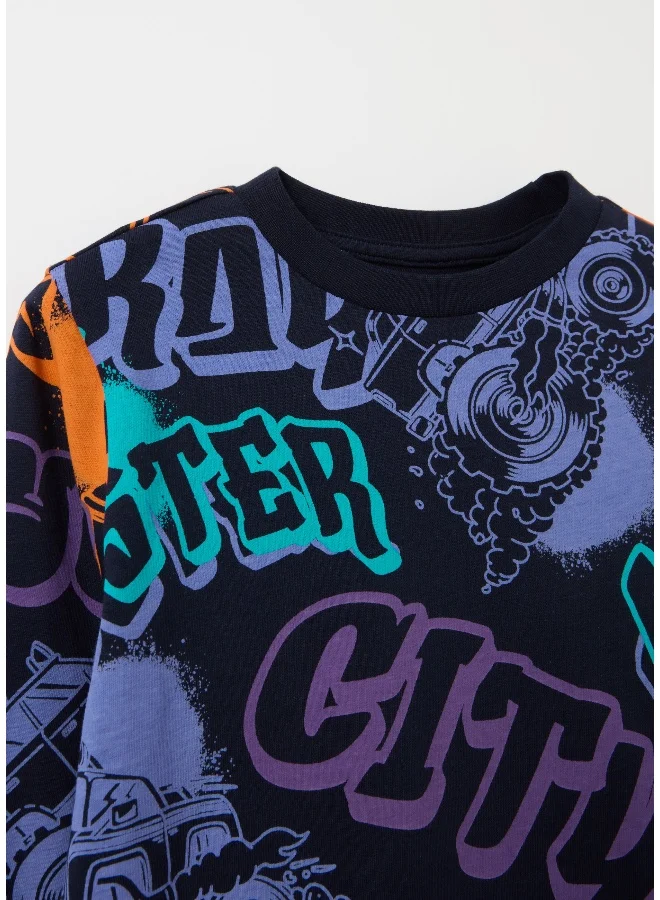 Ovs Cotton T-shirt with print and long sleeves
