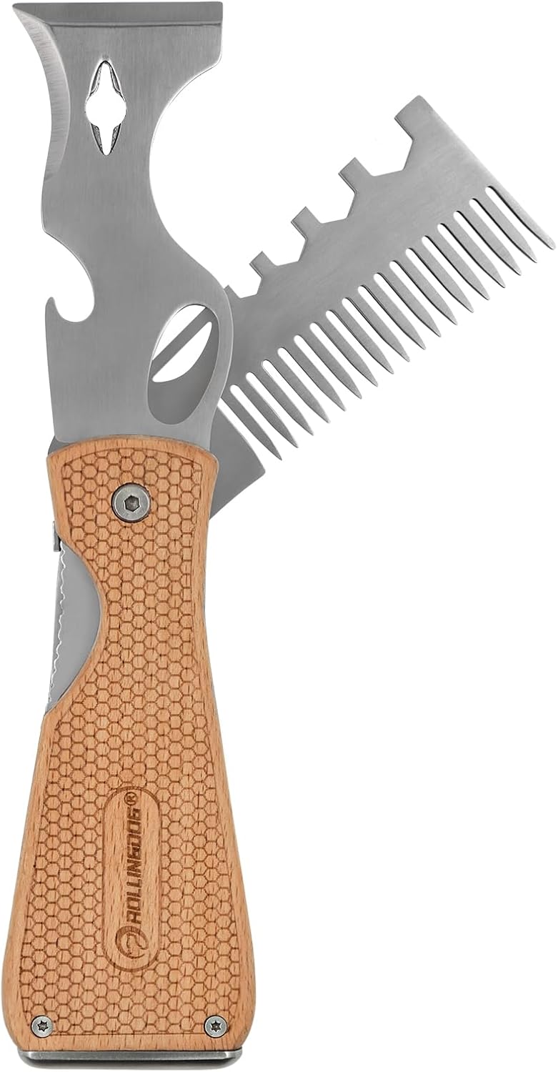 Rolling Dog Paint Scraper Tool - Folding Painters Tool with Beech Wooden Handle Includes Roller and Brush Cleaner, Nail Puller, Putty Knife Scraper - Image 1