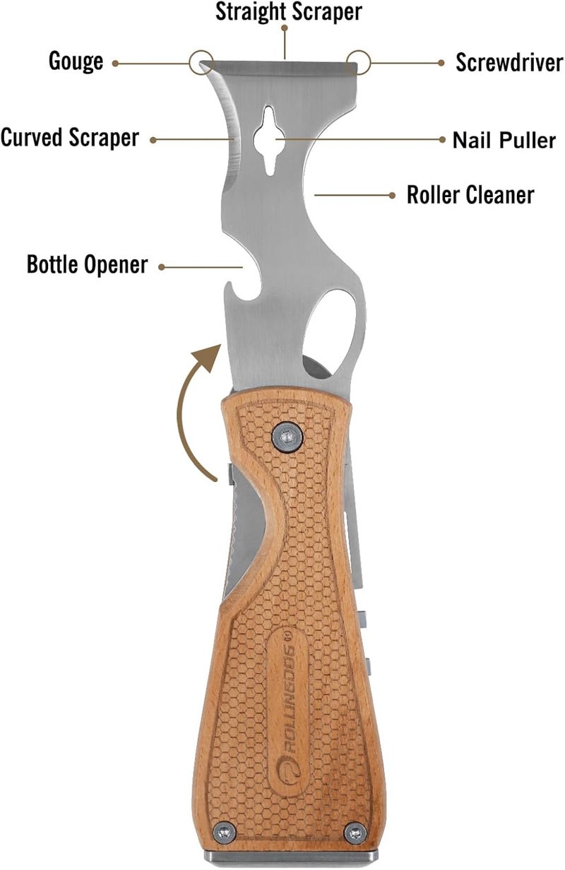 Rolling Dog Paint Scraper Tool - Folding Painters Tool with Beech Wooden Handle Includes Roller and Brush Cleaner, Nail Puller, Putty Knife Scraper - Image 3