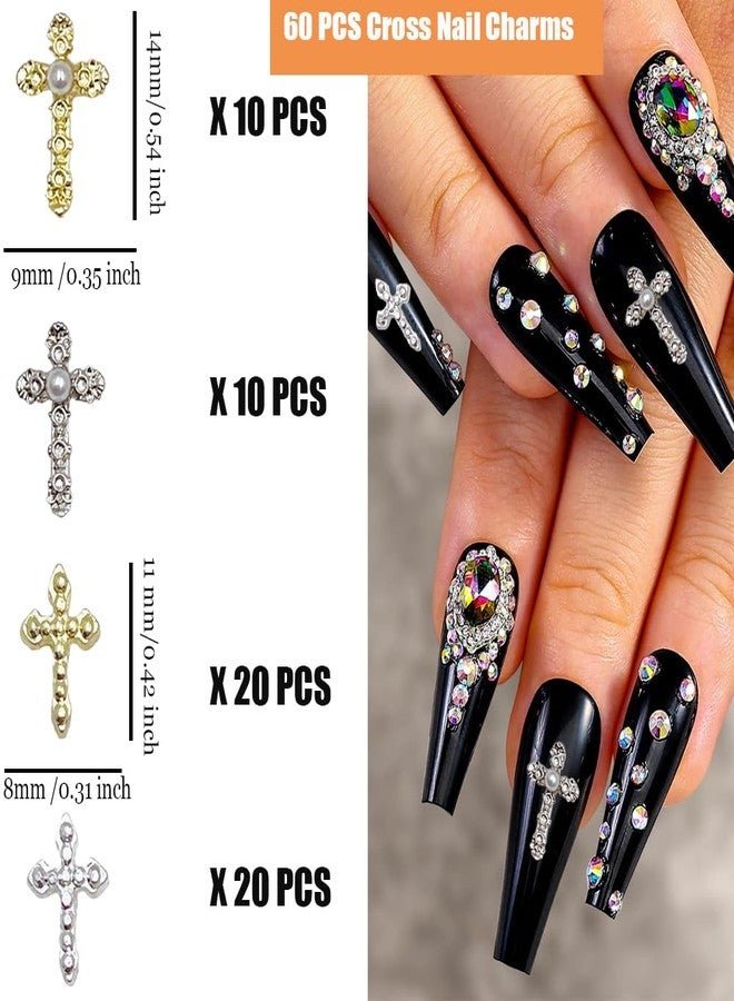 KACHIMOO 60 PCS Cross Nail Charms Cross Charms for Nail Gold Nail Charms Silver Charms Nail Pearl Gems Diamond Nail Decor Vintage Punk Metal Alloy Gold Silver Nail Rhinestones - Image 2