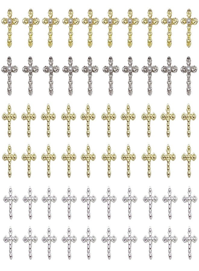 KACHIMOO 60 PCS Cross Nail Charms Cross Charms for Nail Gold Nail Charms Silver Charms Nail Pearl Gems Diamond Nail Decor Vintage Punk Metal Alloy Gold Silver Nail Rhinestones - Image 1