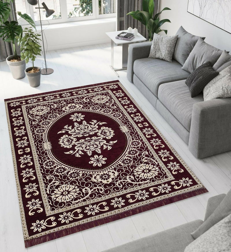 Purav Light Floral Design Cotton Carpet 5x7 feet for Living Room Bedroom Home Decor Carpets Mat (Burgundy Color) - Image 5