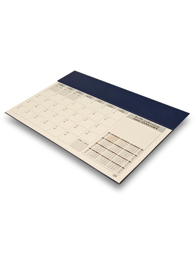 FIS مخطط السنة 2026 - لوحة مكتب من PVC مع غطاء PU إيطالي أزرق، 490x340 مم، 12 ورقة شهرية، ورق عاجي، (إنجليزي/عربي)، مثالي للاستخدام على المكتب، ملاحظات يومية وتذكيرات - FSDKPAE26BL - Image 1