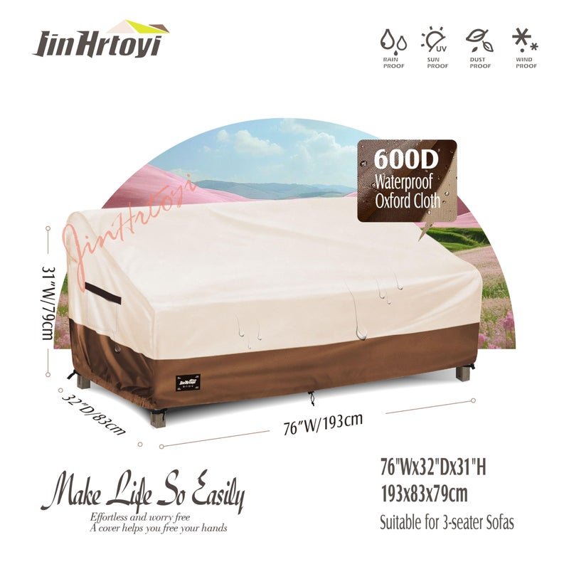 Jin Hrtoyi JinHrtoyi 3-Seater Outdoor Couch Cover, 76Wx32Dx31H inches Outdoor Furniture Covers Waterproof,100% Waterproof Heavy Duty Patio Furniture Covers,Beige&Brown Modern Style Outdoor Sofa Cover - Image 2