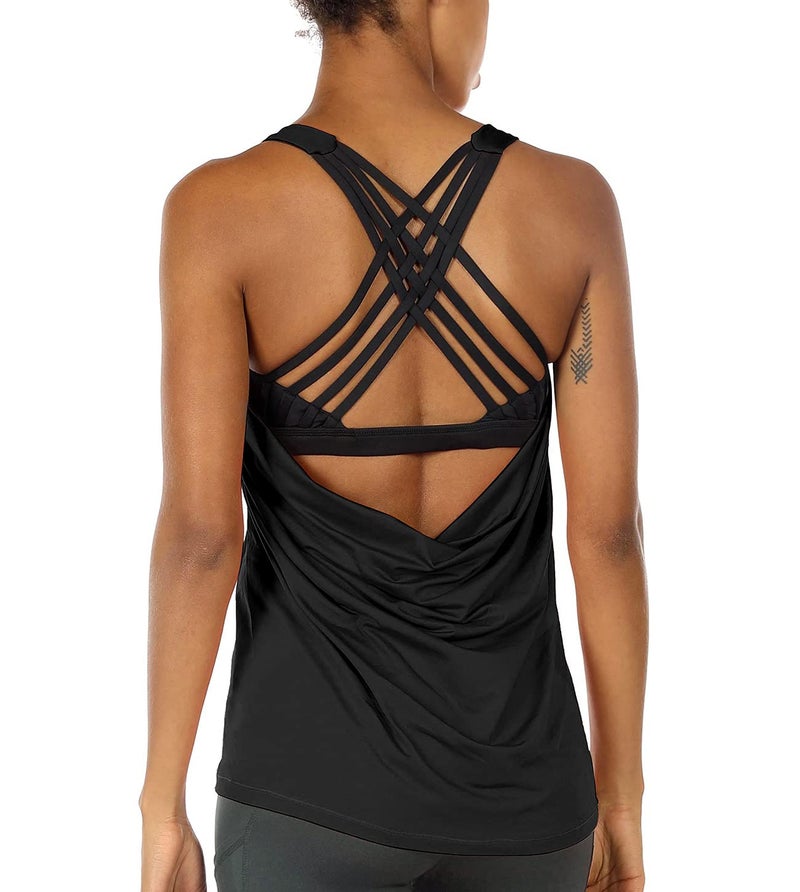 icyzone Yoga Tops Workouts Clothes Activewear Built in Bra Tank Tops for Women (S, Black) - Image 1