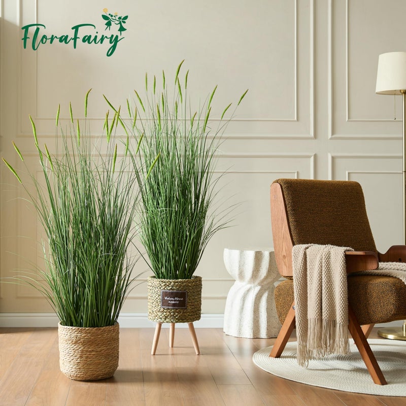 FloraFairy 4ft 2-Pack Horsetail Reed Grass with Purple Cockscomb Flower, 48in Tall Indoor Outdoor Green Onions Fake Plants in Pot, Home Office Decorative Artificial Plant & Greenery, Wedding DÃ©cor - Image 2