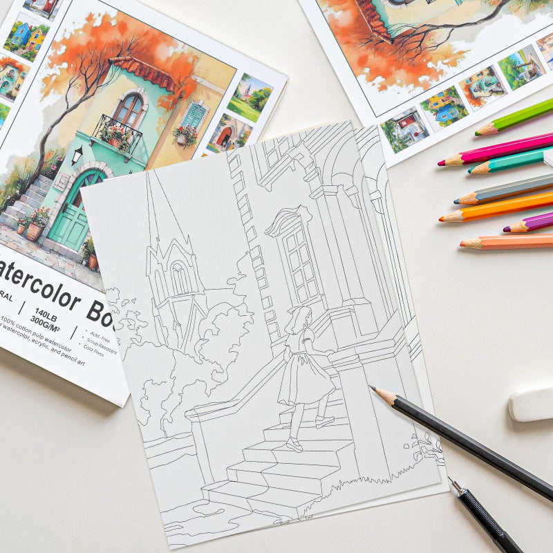 RGBMIX 12 Sheets Watercolor Paper Book 9x12'' Cotton 140lb/300gsm Watercolor Journal Pre-Printed Cozy Line Art of Coffee Shop, Bookstore, Couples, Tram, Street Reading Nook for Watercolor & Acrylic - Image 5