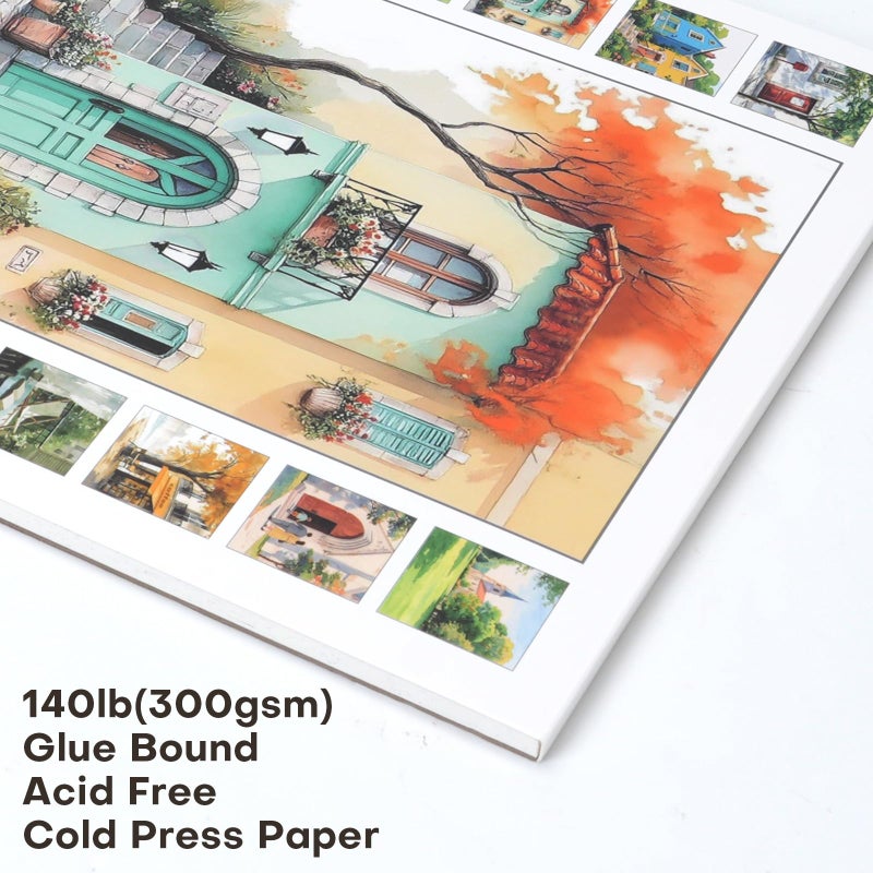 RGBMIX 12 Sheets Watercolor Paper Book 9x12'' Cotton 140lb/300gsm Watercolor Journal Pre-Printed Cozy Line Art of Coffee Shop, Bookstore, Couples, Tram, Street Reading Nook for Watercolor & Acrylic - Image 3