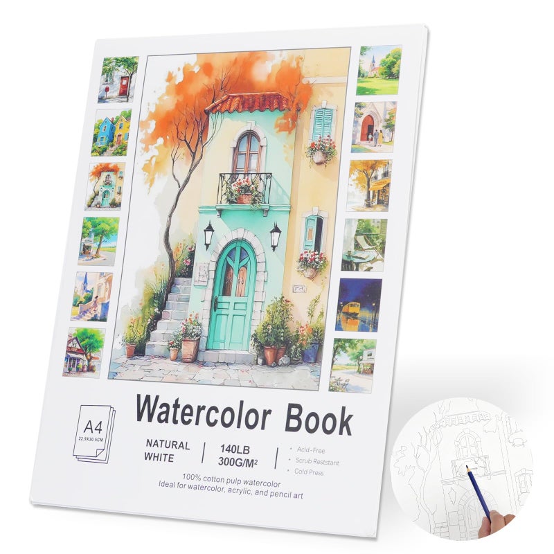 RGBMIX 12 Sheets Watercolor Paper Book 9x12'' Cotton 140lb/300gsm Watercolor Journal Pre-Printed Cozy Line Art of Coffee Shop, Bookstore, Couples, Tram, Street Reading Nook for Watercolor & Acrylic - Image 1