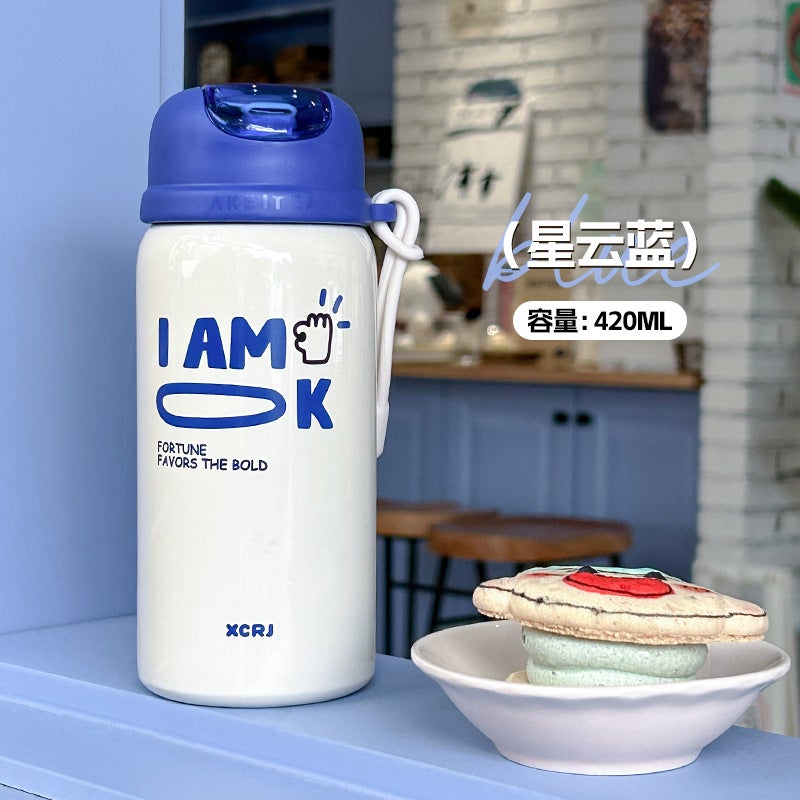 Simple school thermos cup student special portable straw cup cartoon cute small stainless steel cup wholesale X-214W blue