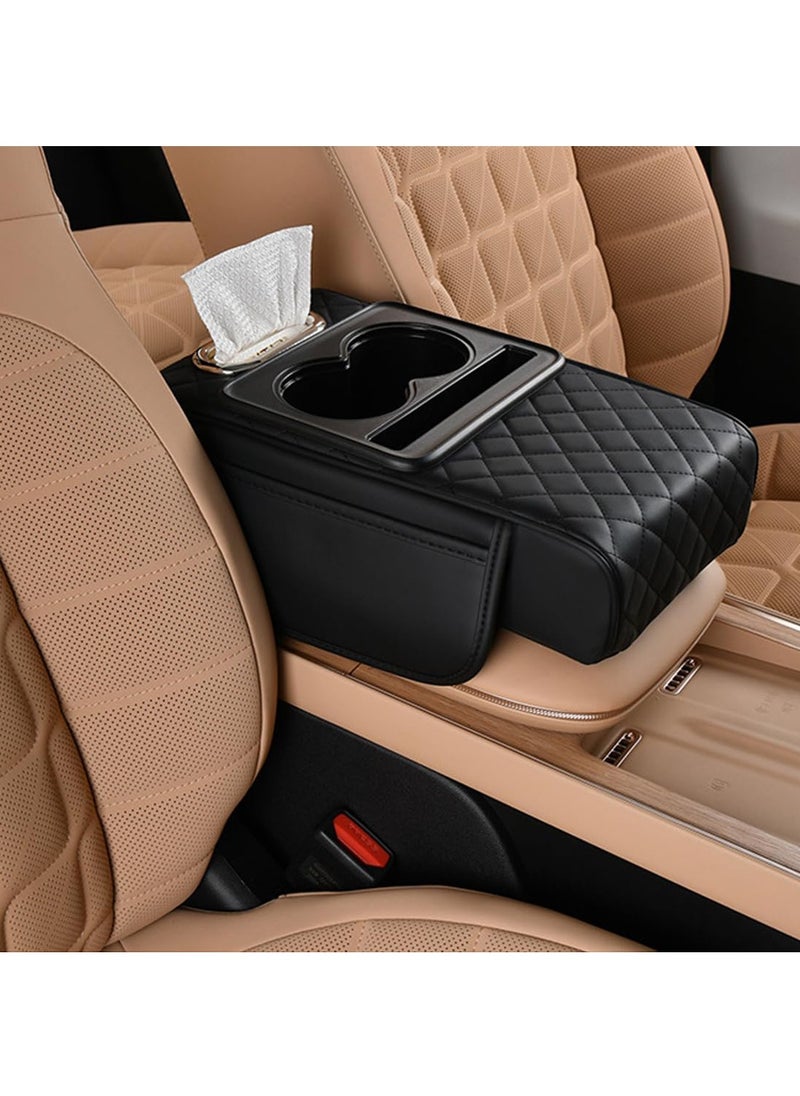 Hihonor Car Armrest Cushion,5-in-1 Center Console Cover with 2 Storage Bags Cup Holder, Tissue Box Slot, Phone Slot for Car Sedans, Car Accessories Interior Organizers (Black)  - Image 1