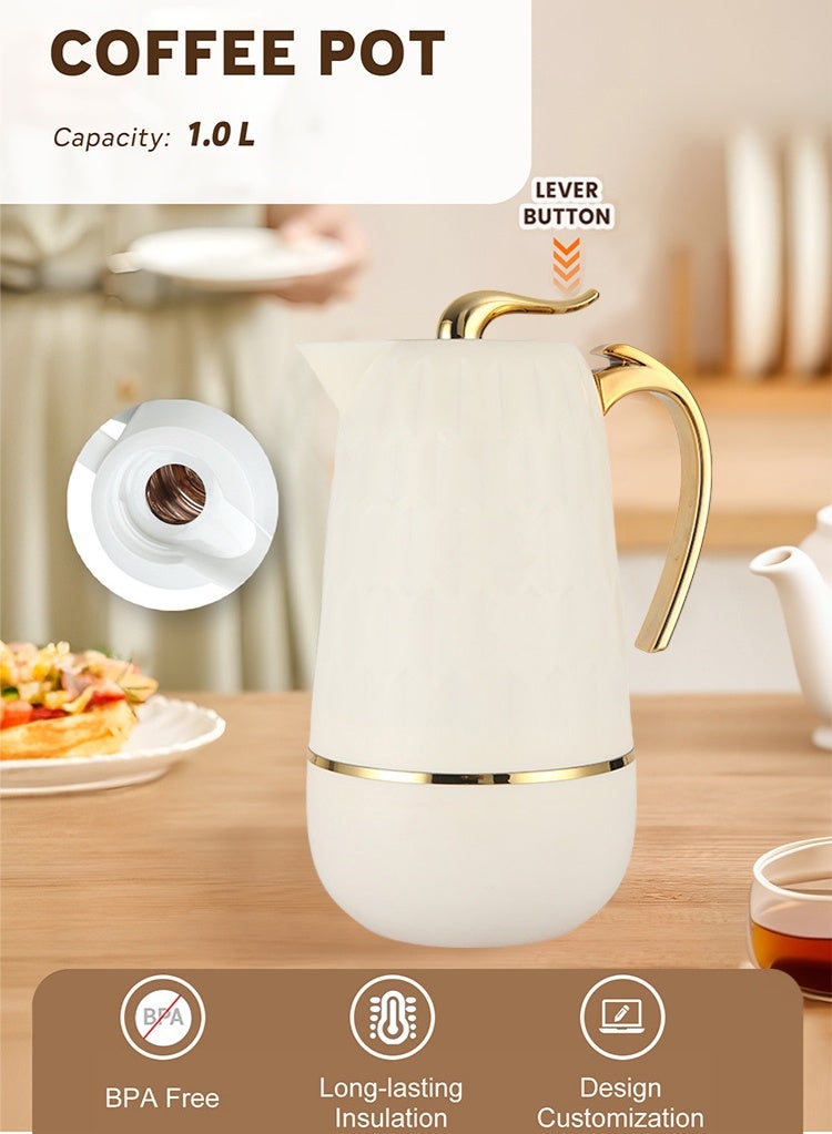 PHISMA 2-pack 1l Coffee Maker, Push-type Vacuum Insulated Flask, Glass Liner Coffee Maker For Coffee, Hot Water, Tea And Hot Drinks - 24 Hours Hot/36 Hours Cold (White) - Image 4