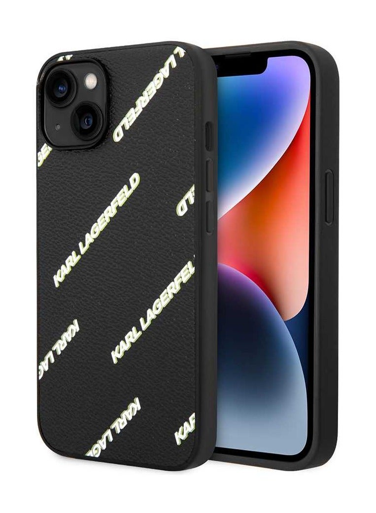 Karl Lagerfeld iPhone 14 Case Grained PU Leather Back Cover with Logomania Pattern / Damage and Scratch Protection / Easy Snap-On / Ultimate protection for your investments / Elegant and slim mobile phone case - Black - Image 5