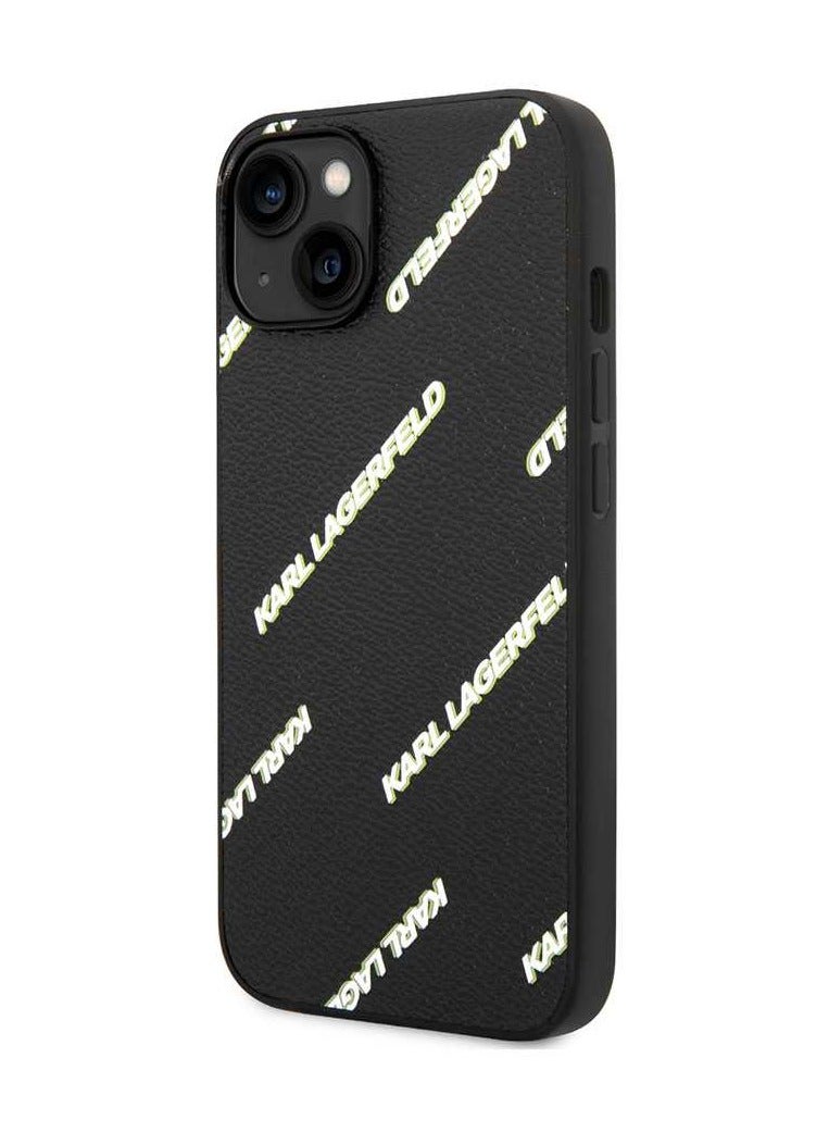 Karl Lagerfeld iPhone 14 Case Grained PU Leather Back Cover with Logomania Pattern / Damage and Scratch Protection / Easy Snap-On / Ultimate protection for your investments / Elegant and slim mobile phone case - Black - Image 2