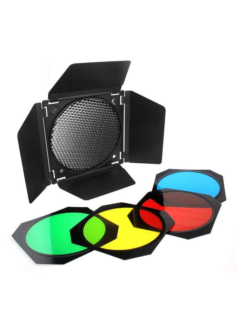 fotoconic Fotoconic BD-04 Barn Door Barndoor with Honeycomb Grid and 4 Color Gel Filters (Red Yellow Blue Green) for 7 Inch Standard Reflector  - Image 1