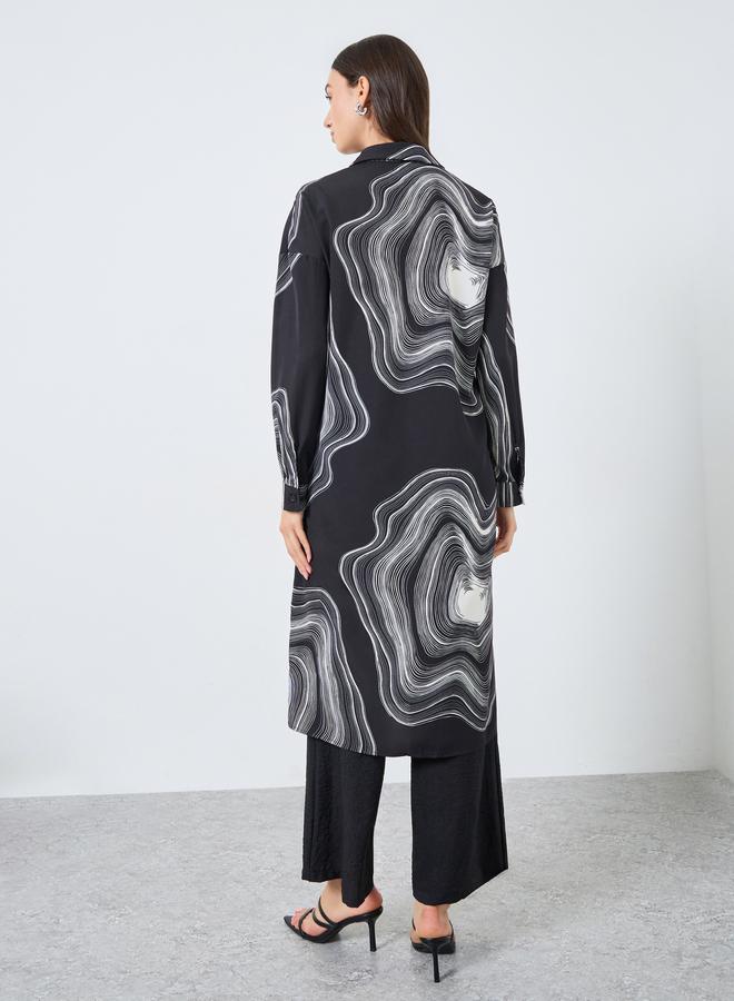 تايك تو طقم منسق من قميص طويل وبنطال بطباعة رخامية سوداء - Image 5