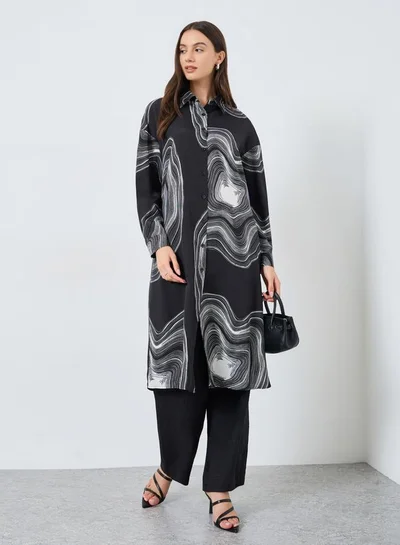 Take Two Black Marble Print Longline Shirt and Pants Co-Ords