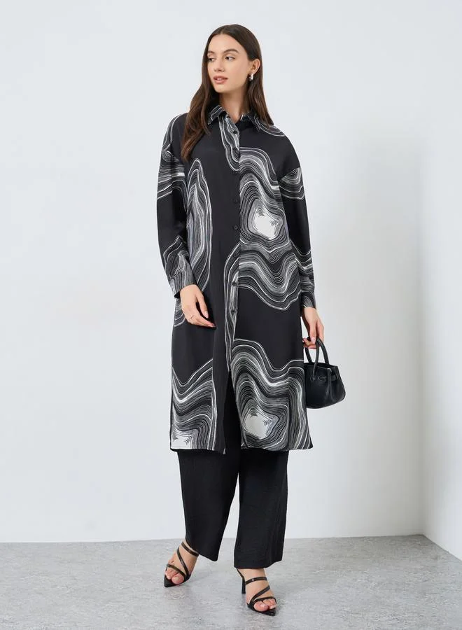 Take Two Black Marble Print Longline Shirt and Pants Co-Ords