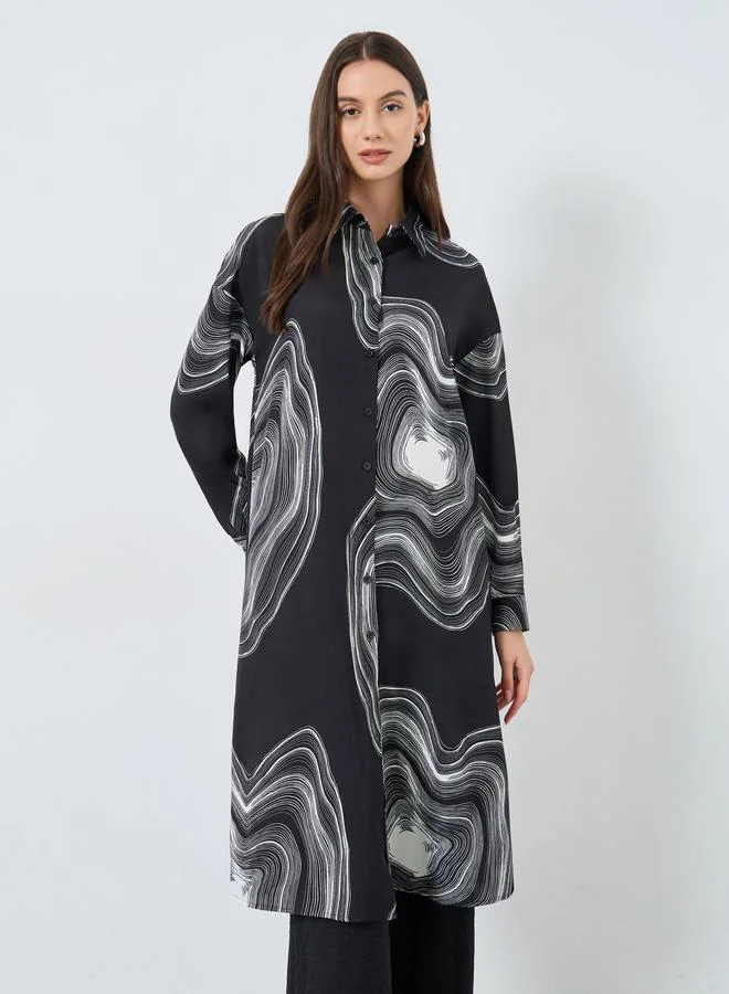 Take Two Black Marble Print Longline Shirt and Pants Co-Ords