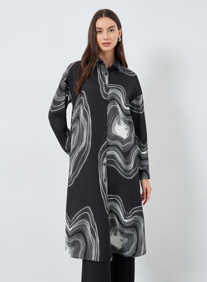 تايك تو طقم منسق من قميص طويل وبنطال بطباعة رخامية سوداء - Image 2